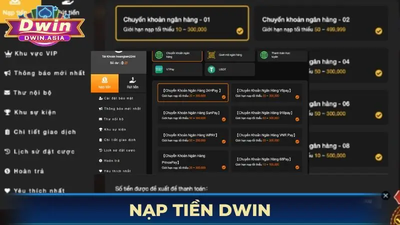 Nạp tiền Dwin lần đầu để nhận Code Tân Thủ và bắt đầu chinh phục các Jackpot.